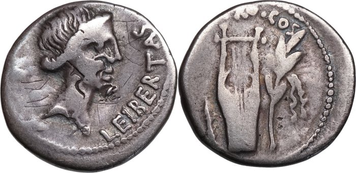 Romerska republiken. M. Junius BRUTUS (42 BCE). Denarius Münzstätte von Brutus in Lykien. Libertas. Plectrum, Lyra, Lorbeerzweig. R!