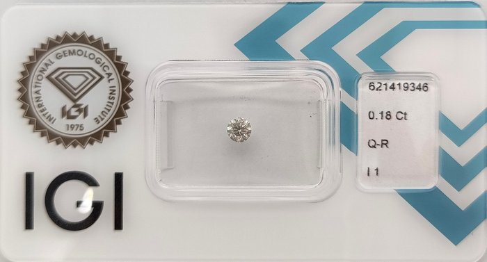 Ingen mindstepris - 1 pcs Diamant  (Natur)  - 0.18 ct - Rund - I1 - International Gemological Institute (IGI) - Q-R