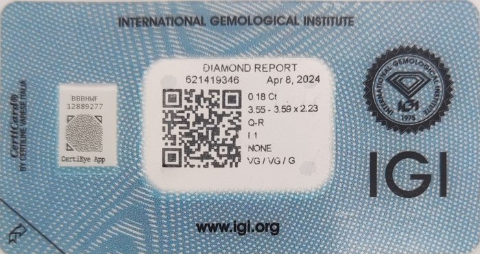 Ingen mindstepris - 1 pcs Diamant  (Natur)  - 0.18 ct - Rund - I1 - International Gemological Institute (IGI) - Q-R