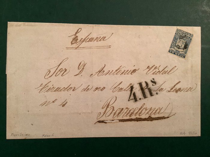 Venezuela 1859 - Uægte på transatlantisk brev via England til Barcelona - godkendte kalve - Michel 2 II