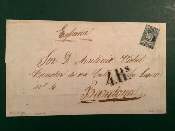 Venezuela 1859 - Uægte på transatlantisk brev via England til Barcelona - godkendte kalve - Michel 2 II