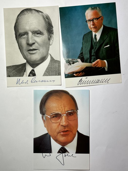 Helmut Kohl (1930-2017) Gustav Heinemann (1899-1976) Karl Carstens (1914-1992) - 3 original signierte und datierte Autographen Portraitkarten von Kanzler und 2 Bundespräsidenten von - 1982