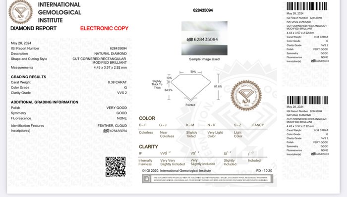 1 pcs Diamant  (Natur)  - 0.38 ct - Radiant - G - VVS2 - International Gemological Institute (IGI)