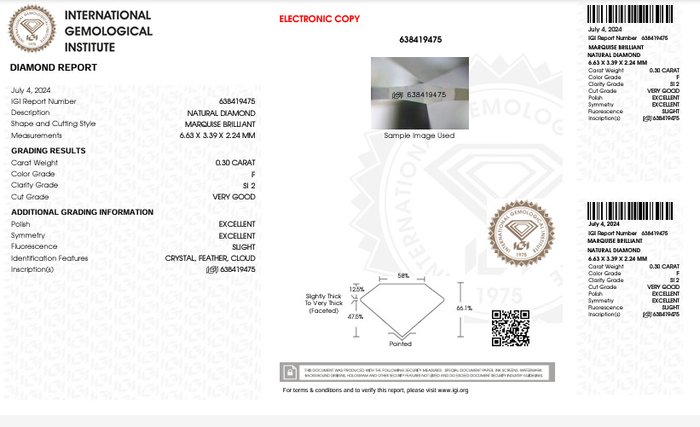 1 pcs Diamant  (Natur)  - 0.30 ct - Marquise - F - SI2 - International Gemological Institute (IGI) - Premium Diamond VG EX EX