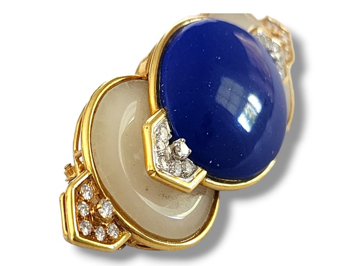 Broche - 18 kraat Gulguld, 18 karat guld Lapis Lazuli  1,44 karat diamantbroche 39,4 gram lav reserve