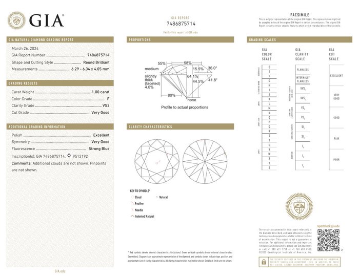 1 pcs Diamant  (Natur)  - 1.00 ct - Rund - F - VS2 - Gemological Institute of America (GIA)