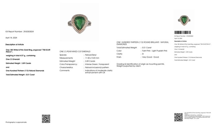 Ingen mindstepris - Ring - 18 kraat Hvidguld, Rosaguld -  4.40ct. tw. Smaragd - Diamant - IGI 3,89 ct Intens Green