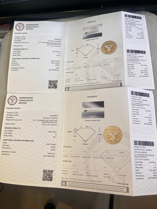 2 pcs Diamant  (Natur)  - 0.52 ct - Radiant - D (farveløs) - VS2, VVS2 - International Gemological Institute (IGI)