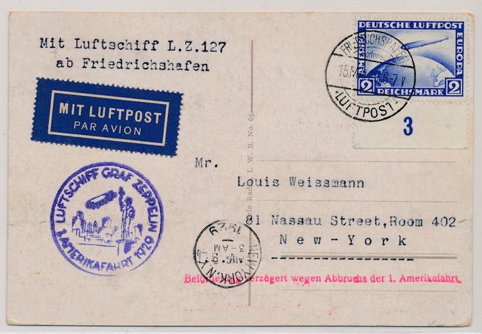 Tyske Kejserrige 1929 - Zeppelin LZ 127, “America flight”, attempted flight with delay stamp and good franking, - Sieger 26 A