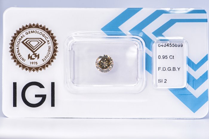 Ingen mindstepris - 1 pcs Diamant  (Naturfarvet)  - 0.95 ct - Rund - Fancy deep Brunlig, Grønlig Gul - SI2 - International Gemological Institute (IGI)