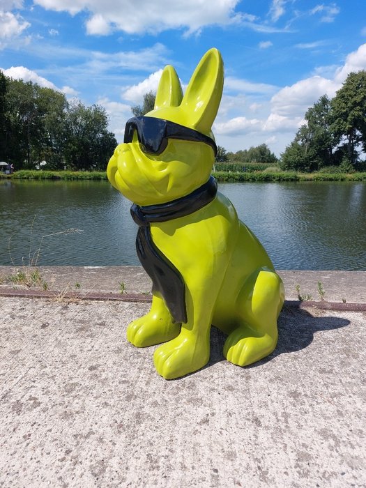 Statue, green dog with glasses garden image or for balcony - 78 cm - polyresin