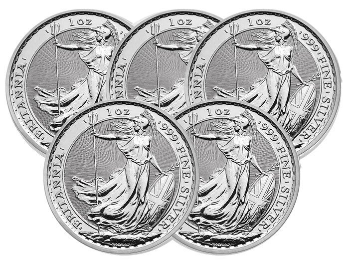 Storbritannien. 5 x 1 oz £2 GBP UK Silver Britannia Coin (Random Years)