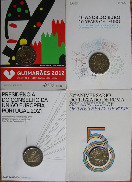 Portugal 2 Euro 2007/2021 BU in coincard  ( totaal 4 verschillende  )  (Ingen mindstepris)