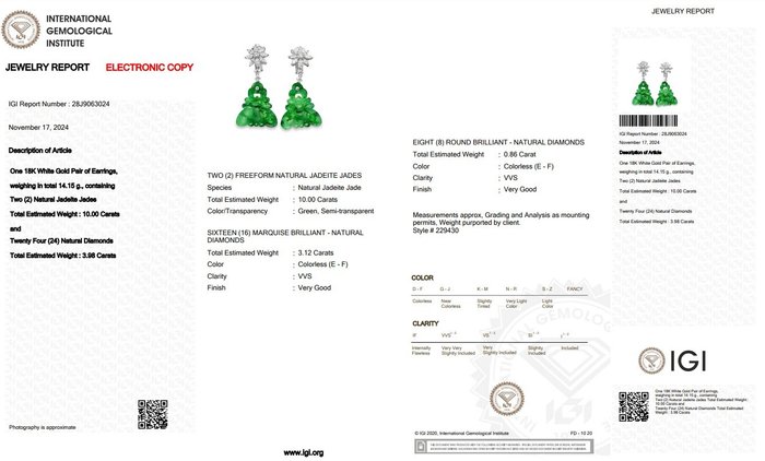 Øreringe - 18 kraat Hvidguld -  13.98ct. tw. Jade - Diamant - Enestående øreringe