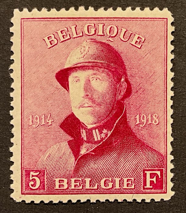 Belgien 1919/1919 - Albert I Helm - 5fr. Mørk lilla rød - MEST FRISK med smukt center - OBP 177