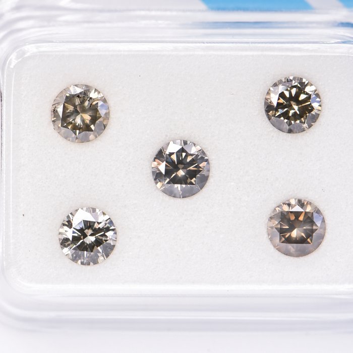 Ingen mindstepris - 5 pcs Diamant  (Naturfarvet)  - 1.11 ct - Rund - Fancy deep Grålig, Grønlig Gul - SI1, SI2 - International Gemological Institute (IGI)