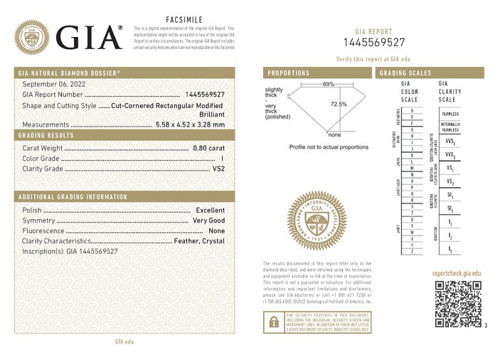 Ingen mindstepris - 1 pcs Diamant  (Natur)  - 080 ct - Radiant - I - VS2 - Gemological Institute of America (GIA) - *EX VG Ingen*