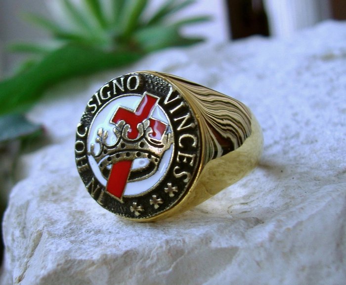 Sjælden Knights Templar Cross Crown Christianity Keramisk Latin 24kt forgyldt - Ring