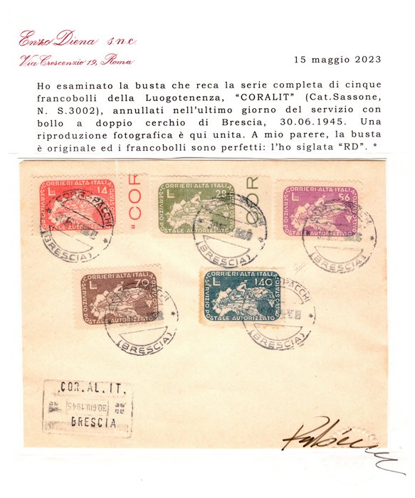 Italien Kongerige 1945/1945 - CORALIT brev med annullering på den sidste bekræftede dag. Diena - Sassone s.3002