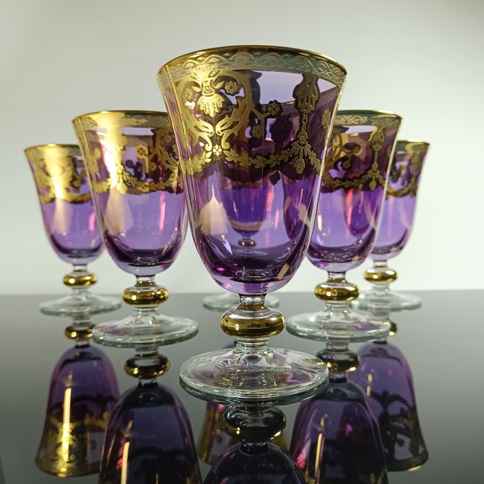 SECOLOVENTESIMO - Alterkalk (6) - Tulip Barocco Wine Glass - 24 kt guld - Håndmalet guldglas