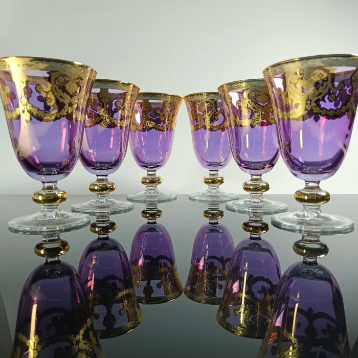 SECOLOVENTESIMO - Alterkalk (6) - Tulip Barocco Wine Glass - 24 kt guld - Håndmalet guldglas