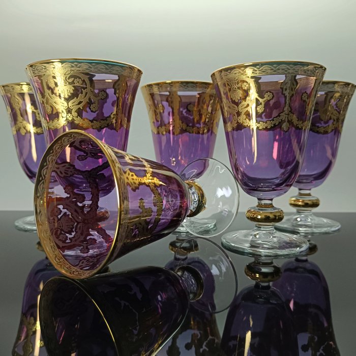 SECOLOVENTESIMO - Alterkalk (6) - Tulip Barocco Wine Glass - 24 kt guld - Håndmalet guldglas