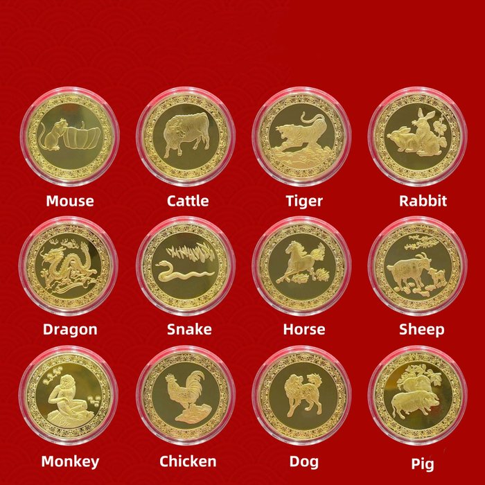 Kina. Medal ND Zodiac Theme Coins - Gold Plated -Complete set  (Ingen mindstepris)