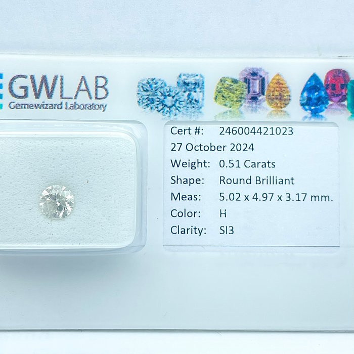 Ingen mindstepris - 1 pcs Diamant  (Natur)  - 0.51 ct - Rund - H - SI3 - Gemewizard Gemological Laboratory (GWLab)