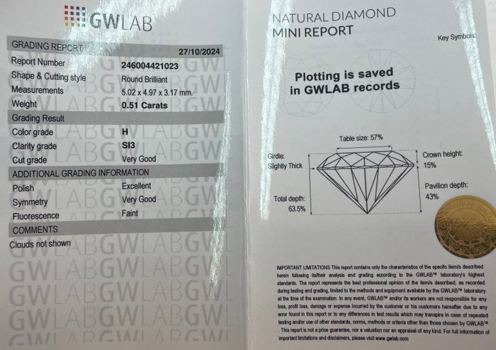 Ingen mindstepris - 1 pcs Diamant  (Natur)  - 0.51 ct - Rund - H - SI3 - Gemewizard Gemological Laboratory (GWLab)