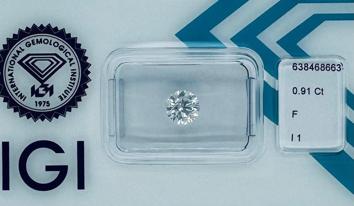 Ingen mindstepris - 1 pcs Diamant  (Natur)  - 0.91 ct - Rund - F - I1 - International Gemological Institute (IGI)