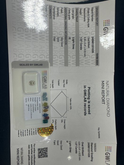 Ingen mindstepris - 1 pcs Diamant  (Naturfarvet)  - 1.07 ct - Oval - Light Grå - I2 - Gemewizard Gemological Laboratory (GWLab)