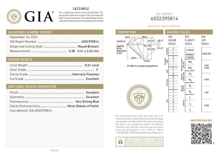 Ingen mindstepris - 1 pcs Diamant  (Natur)  - 0.61 ct - Rund - F - IF - Gemological Institute of America (GIA) - *3EX*