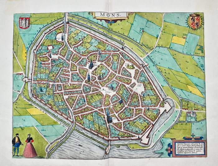 Belgien - Plan over Mons i fugleperspektiv; Georg Braun / Frans Hogenberg - Mons, Hannonia Urbs potens  ampla, a Carolo Magno, Metropolitano muneze et caesareis privilegijs - 1561-1580