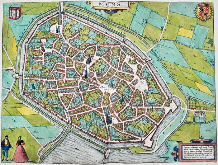 Belgien - Plan over Mons i fugleperspektiv; Georg Braun / Frans Hogenberg - Mons, Hannonia Urbs potens  ampla, a Carolo Magno, Metropolitano muneze et caesareis privilegijs - 1561-1580