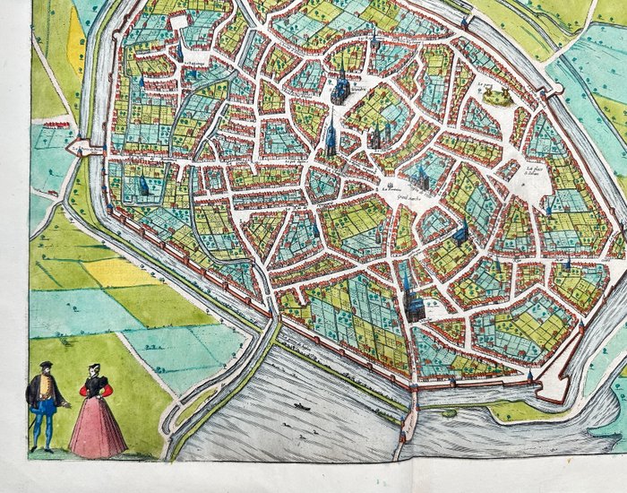 Belgien - Plan over Mons i fugleperspektiv; Georg Braun / Frans Hogenberg - Mons, Hannonia Urbs potens  ampla, a Carolo Magno, Metropolitano muneze et caesareis privilegijs - 1561-1580