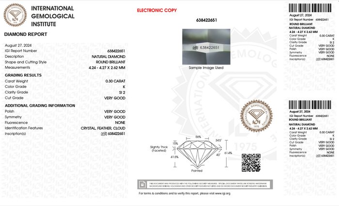 1 pcs Diamant  (Natur)  - 0.30 ct - Rund - K - SI2 - International Gemological Institute (IGI) - Premium Diamond VG VG VG