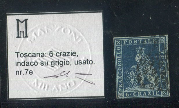 Antikke Italienske Stater - Toscana 1851 - 6 skøre 1. nummer "Indigo" - Sassone 7e