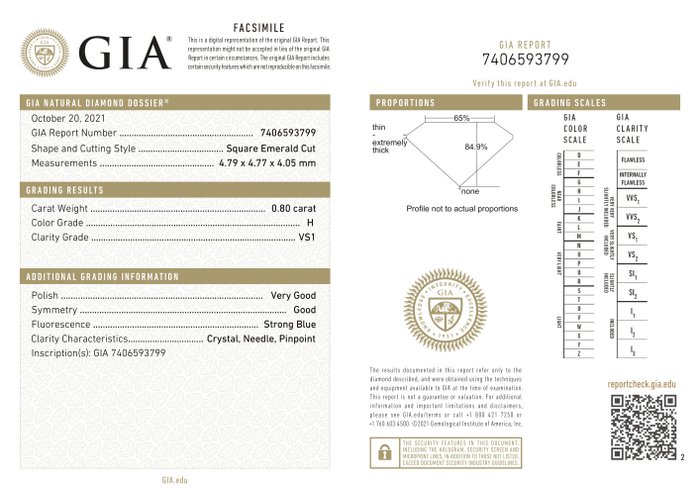 Ingen mindstepris - 1 pcs Diamant  (Natur)  - 080 ct - Smaragd - H - VS1 - Gemological Institute of America (GIA)