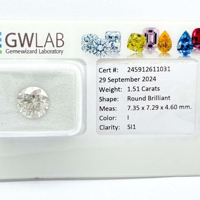 Ingen mindstepris - 1 pcs Diamant  (Natur)  - 1.51 ct - Rund - I - SI1 - Gemewizard Gemological Laboratory (GWLab)