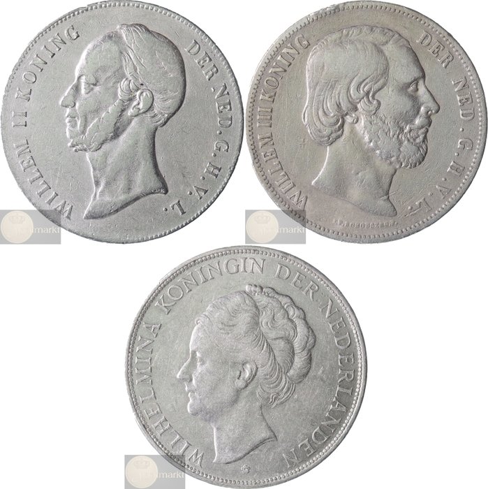 Holland. Willem II, III  Wilhelmina. 2 1/2 Gulden 1846 (Zwaard), 1850 en 1929 (3 verschillende vorsten)  (Ingen mindstepris)