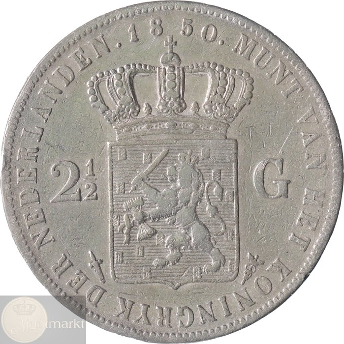 Holland. Willem II, III  Wilhelmina. 2 1/2 Gulden 1846 (Zwaard), 1850 en 1929 (3 verschillende vorsten)  (Ingen mindstepris)