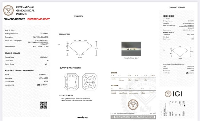 1 pcs Diamant  (Natur)  - 0.61 ct - Radiant - H - VS1 - International Gemological Institute (IGI)