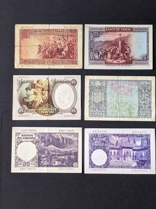 Spanien. - 6 x 25 pesetas - various dates - EDIFIL: 325a - 353 - 358 - 436a - 450a - 467a  (Ingen mindstepris)