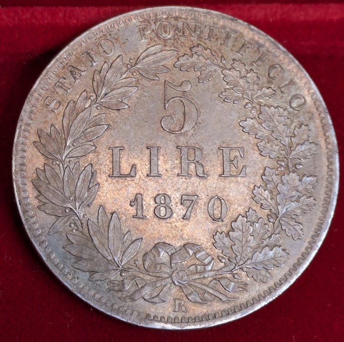 Italien, Kirkestaten. Pio IX (1846-1870). 5 Lire 1870