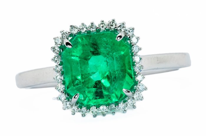 Ring - 18 kraat Hvidguld, Vivid Green (Colombia) -  2.21ct. tw. Smaragd - Diamant - 0,12 ct - VS