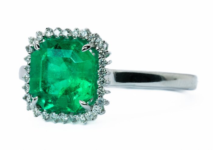 Ring - 18 kraat Hvidguld, Vivid Green (Colombia) -  2.21ct. tw. Smaragd - Diamant - 0,12 ct - VS