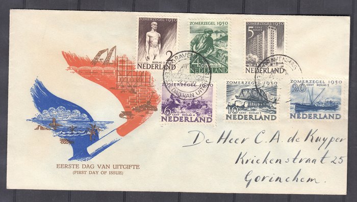 Holland 1950 - FDC Sommerfrimærker uden tekst "sommerfrimærker 1950" - NVPH E1a