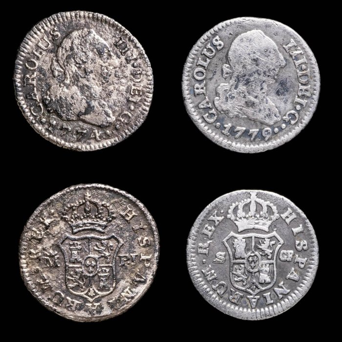 Spanien. Carlos III (1759-1788). 1/2 Real Madrid 1774 (Ensayador PJ) / Sevilla 1779 (Ensayador CF). Lote de 2 monedas  (Ingen mindstepris)