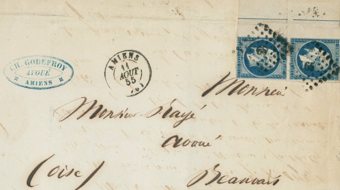 Frankrig 1855 - Meget sjælden, Empire 20 centimes uperforeret par indramningsfileter på begge frimærker - Yvert et Tellier n°14