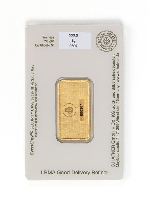 5 gram - Guld 999 - C. Hafner - Deutschland - Goldbarren im Blister CertiCard mit Zertifikat - Forseglet  Med certifikat